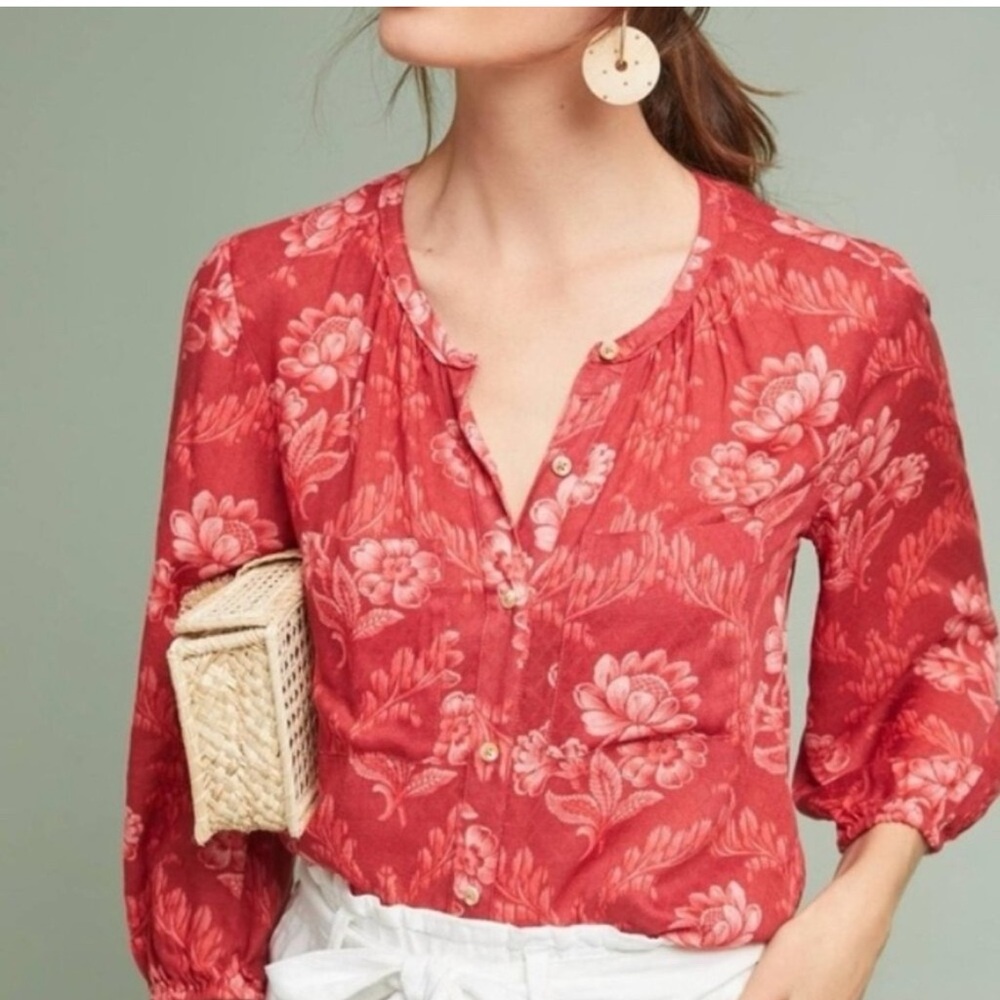 Anthropologie Akemi + Kin Red Elegant Floral Peasant Blouse‎ XS